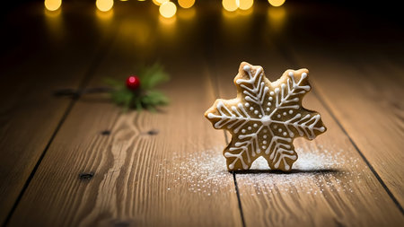 Christmas gingerbread cookie on wooden table with bokeh lights backgroundの素材