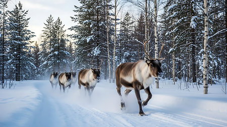 Reindeers in Lapland, Finland. Winter landscape.の素材