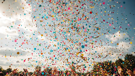 Colorful confetti flying in the air at the festival. Celebrating the holiday.の素材