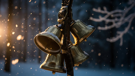 Christmas bells hanging on a tree in the winter forest. Christmas and New Year backgroundの素材