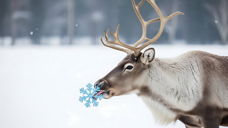 Reindeer with a blue snowflake in the snowy forest.の素材