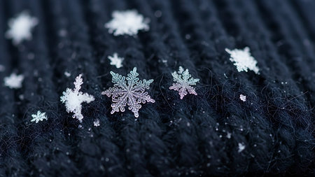 Snowflakes on a black knitted background. Shallow depth of fieldの素材