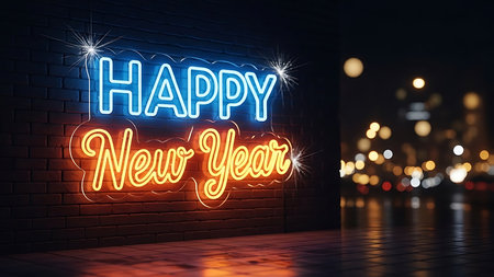 Happy New Year neon sign on brick wall background. 3D renderingの素材