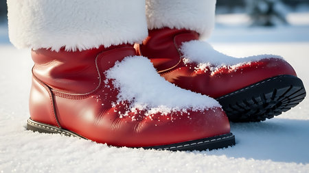 Close up of female legs in red boots covered with snow on winter dayの素材