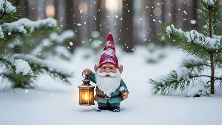 santa claus with a lantern in the snow in the forestの素材