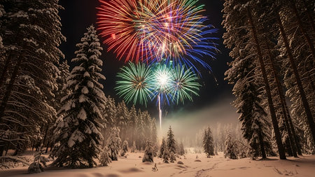 Fireworks in the winter forest. Christmas and New Year background.の素材