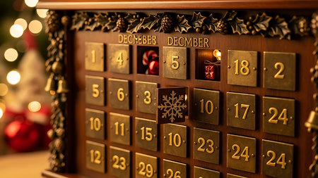 Wooden calendar with christmas tree in the background, close upの素材