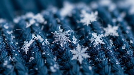 Snowflakes on a blue knitted background close-up.の素材