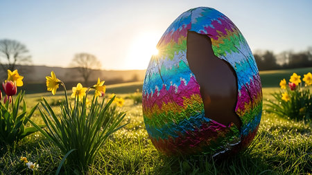 Colorful easter egg on a meadow with daffodilsの素材