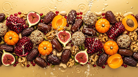 Healthy food concept. Assortment of nuts and dried fruits on a golden background.の素材