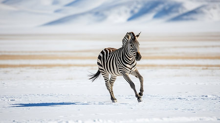 Plains zebra (Equus quagga) running on snowの素材