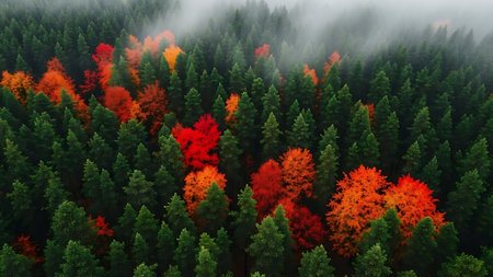 Foggy autumn forest with red, orange, yellow and green treesの素材