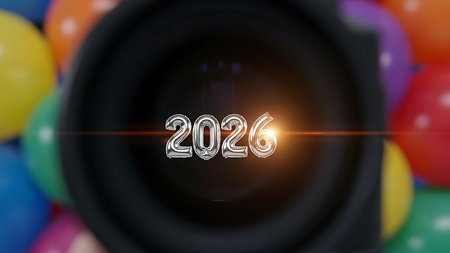 Camera lens with 2020 new year background. 3D rendering illustration.の素材