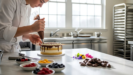 Young woman decorating cake with chocolate and berries in the kitchen.の素材