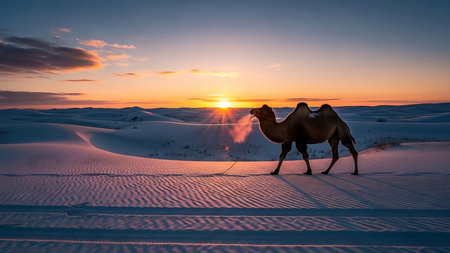 Camel in the Sahara desert at sunset. Morocco. Africa.の素材