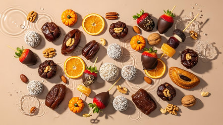 Chocolate candies with nuts and fruits, top view, flat layの素材