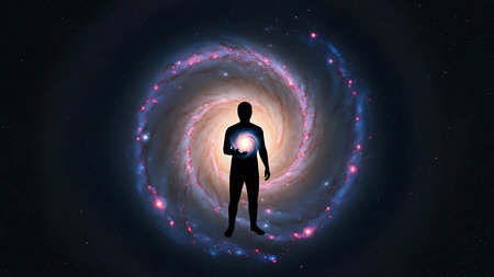 Man in the universe with his hands holding a glowing globe. 3D renderingの素材