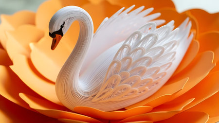 Close up of a swan made of origami paper in orangeの素材