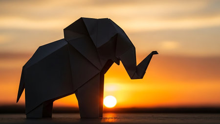 Paper origami elephant on sunset background. Paper origami elephant.の素材
