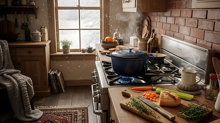 Cooking in the kitchen on a gas stove with a blue panの素材
