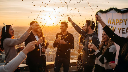 Group of friends having party on rooftop, dancing and drinking champagne.の素材
