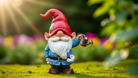 Miniature garden gnome with watering can on green grass background.の素材