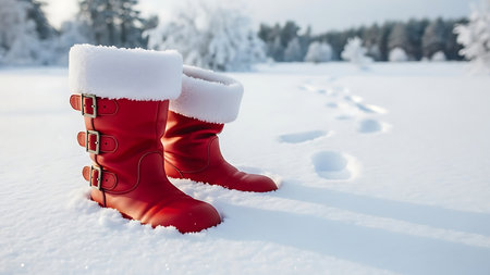 Winter background with red boots and footprints in the snow. Christmas backgroundの素材
