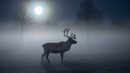 Deer in the misty forest with full moon. 3D renderingの素材