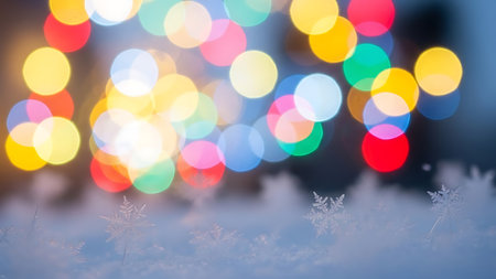 Christmas background with bokeh defocused lights and snowflakesの素材