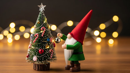 Christmas tree and Santa Claus on wooden background with bokeh lightsの素材