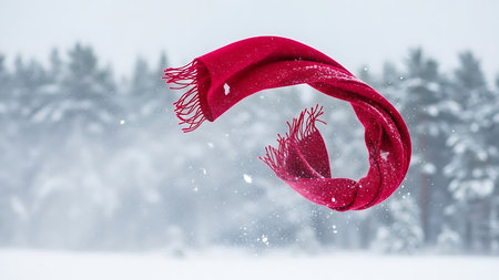Red knitted scarf on the background of winter forest and snowfallの素材
