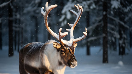 Reindeer in the winter forest with snowfall. Christmas background.の素材