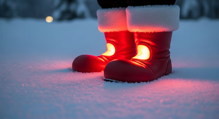 Red Christmas boots on the snow in the winter forest. Christmas concept.の素材