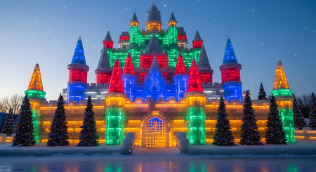Ice skating rink with colorful lights in winter. Christmas fairground.の素材