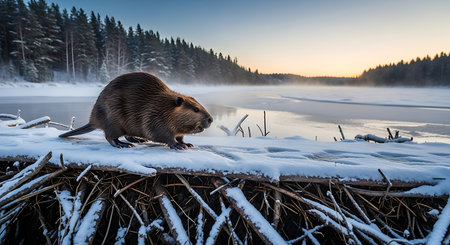 Beautiful winter landscape with wild beaver on the frozen lake.の素材