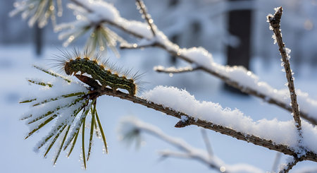Caterpillar on a branch of a pine tree covered with snowの素材