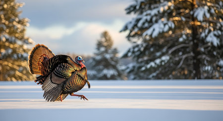 Wild turkey in the winter forest. Beautiful male turkey on the snow.の素材
