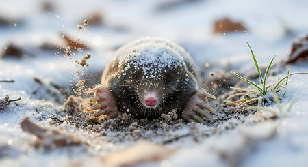 Mole in the snow. The European mole, Talpa europaeaの素材