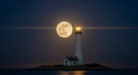 Lighthouse and full moon in the night sky. Beautiful natural background.の素材