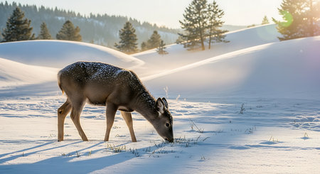 White-tailed deer in the snow in the winter in the mountainsの素材