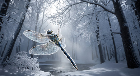 Dragonfly in winter forest. 3D rendering. Elements of this image furnished by NASAの素材
