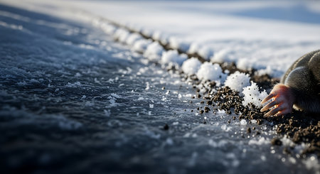 Mole in the snow on the road. Conceptual image.の素材