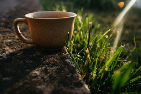 mug of coffee, tea on the background of home garden and sunsetの写真素材