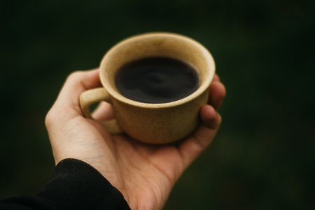 cup of coffee in the morning. espresso coffee. Coffee porridge on a dark backgroundの写真素材