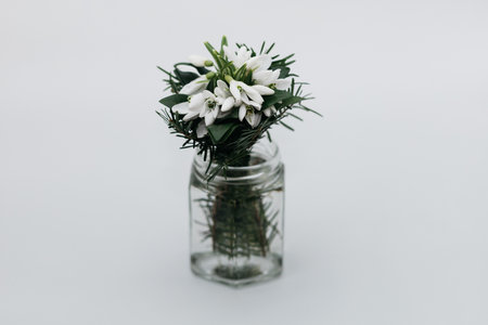bouquet of snowdrops in a glass vase on a white background