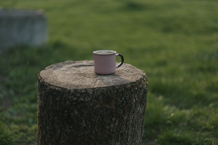 Cup of coffee on a stump in the grass. Selective focus.の写真素材