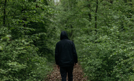 A young man in a black jacket walks along a forest path.の写真素材