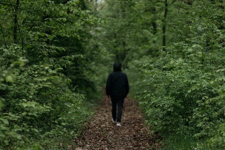 Man walking on a forest path with trees in the background, back viewの写真素材