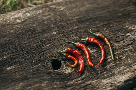Red and yellow hot chili peppers on old wooden background. Top view.の写真素材