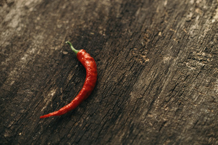 Red hot chili pepper on old wooden background, top view, copy space